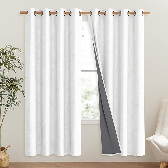 NICETOWN 100% Absolutely Blackout Linen Curtains with Thermal Insulated Liner, Greyish White, 52" Wide, 72" Length Energy Saving Curtains for Living Room 2 Panels Set, Vertical Blinds