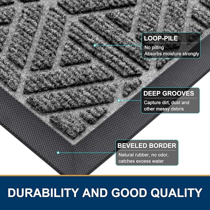 Smiry Front Door Mat Outside Entrance, Heavy Duty Sturdy Natural Rubber Doormat, Trap Dirt and Moisture, Easy Clean Low Profile Mats for Indoor Outdoor Entry, Grid Geometric (35x23, Silver Grey)
