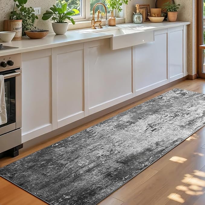 2.6x8 Black Rug Runners for Hallways Kitchen Runner Rug Non Slip Washable Black Long Runner Rugs with Rubber Backing Soft Abstract Carpet Runner for Bedroom, Kitchen, Bathroom, Entryway