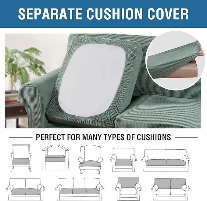 H.VERSAILTEX 3 Piece Stretch Sofa Covers for 2 Cushion Sofa Couch Covers for Living Room Sofa Slipcovers (Base Cover Plus 2 Seat Cushion Covers) Thicker Jacquard Fabric(Large Sofa, Sage)