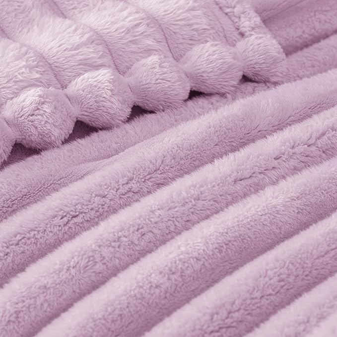 Exclusivo Mezcla King Size Flannel Fleece Blanket, Super Soft Striped Jacquard Bed Blanket, Lightweight Fuzzy Cozy for All Seasons, 90x104 Inches, Lilac Purple