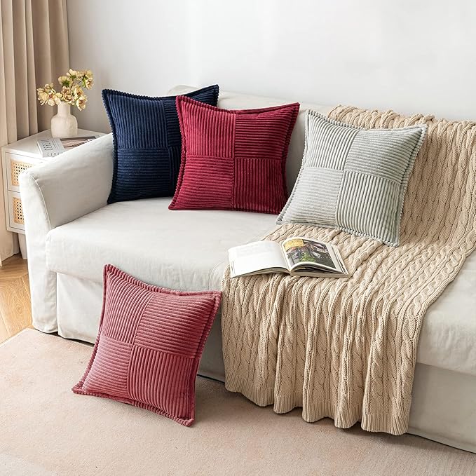 MIULEE Decorative Throw Pillow Covers for Couch Bed Livingroom 20x20 Inch Set of 2 Cranberry Red Boho Accent Throw Pllows Broadside Striped Patchwork Soft Corduroy Pillowcases
