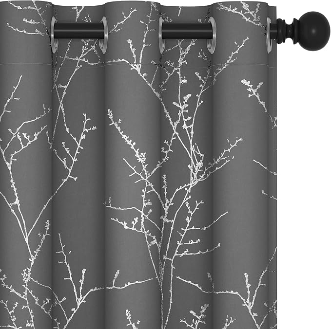 Deconovo Grey Blackout Curtains for Living Room, Thermal Insulated Soundproof Drapes, Silver Branch Foil Print, 42 x 63 Inches Long, 2 Panels, Machine‑Washable Grommet Window Panel for Bedroom Office