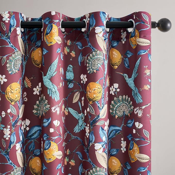 Rust Vintage Floral Curtains 84 Inch Long Luxury Whimsical Euro Flower Lemon Hummingbird Patterned Waverly Mid Century Colorful Blackout Drapes for Living Room Bedroom