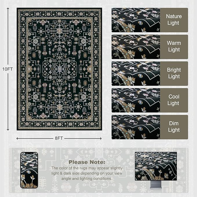 8x10 Area Rugs for Living Room: Washable Rug Soft Vintage Boho Medallion Carpet Indoor Floor Non-Slip Stain Resistant Large Carpets for Bedroom Dining Room Farmhouse Nursery Home Office Black