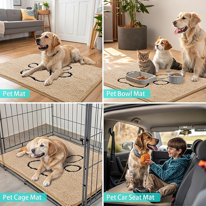 Smiry Dog Door Mat for Muddy Paws, Absorbent Dirt Trapper Non Slip Quick Dry Washable Chenille Mat for Mud Dogs, Entry Rug for Indoor and Outdoor (30x20 Inches, Beige and Black)