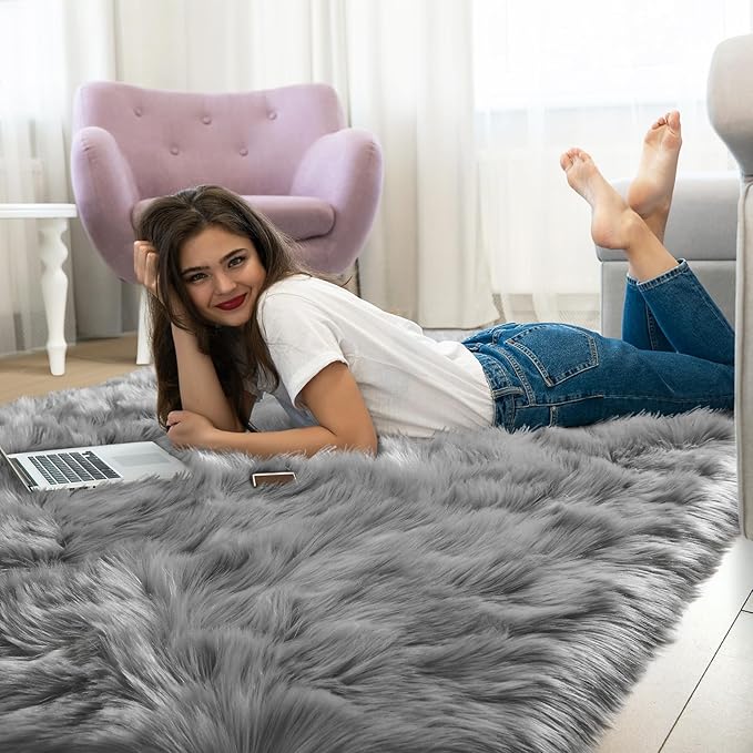LOCHAS Soft Fluffy Faux Fur Rugs for Bedroom Bedside Rug 2x4 Feet, Washable, Furry Sheepskin Area Rug for Living Room Girls Room, Luxury Shag Carpet Home Decor, Grey