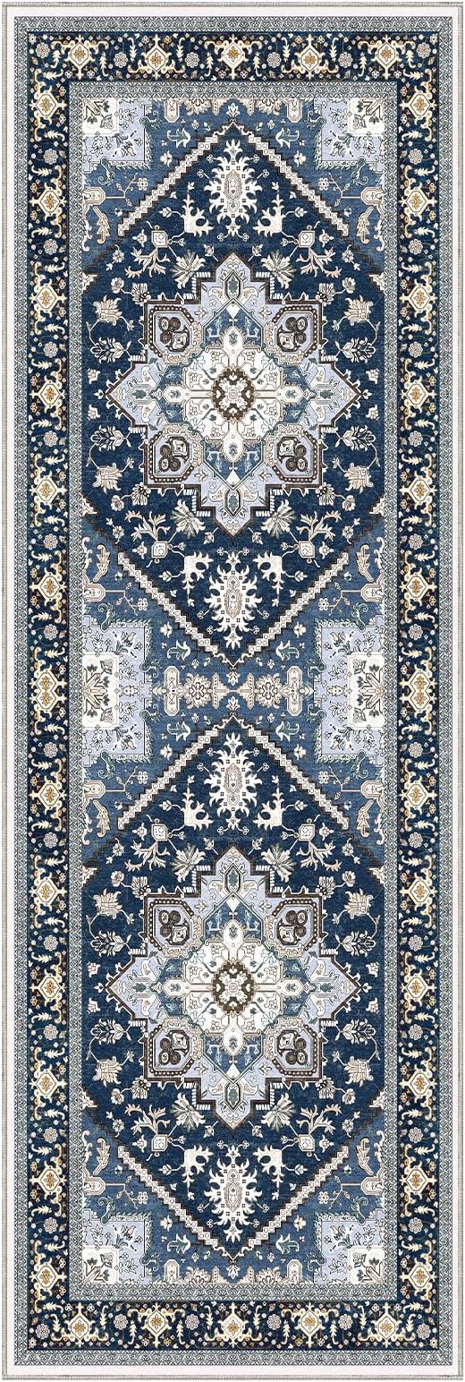 OPPODREAM Soft Entryway Rug 2x6, 2x6 Rug Runner, Washable Hallways Carpet 2 x 6 with Non Slip Backing, Low-Pile Bedside Carpet 2 x 6, Long, Faux Cashmere, Navy Blue & Gold