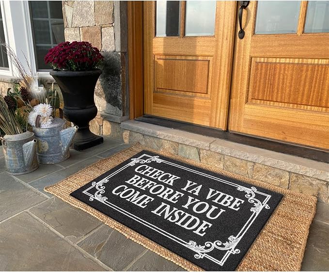 Indoor Door Mat Welcome Mats for Front Door Outdoor Entry Black Doormat, Check Ya Vibe Before You Come Inside This House Doormat, Non Slip Rubber Farmhouse Mats 36" x 24"