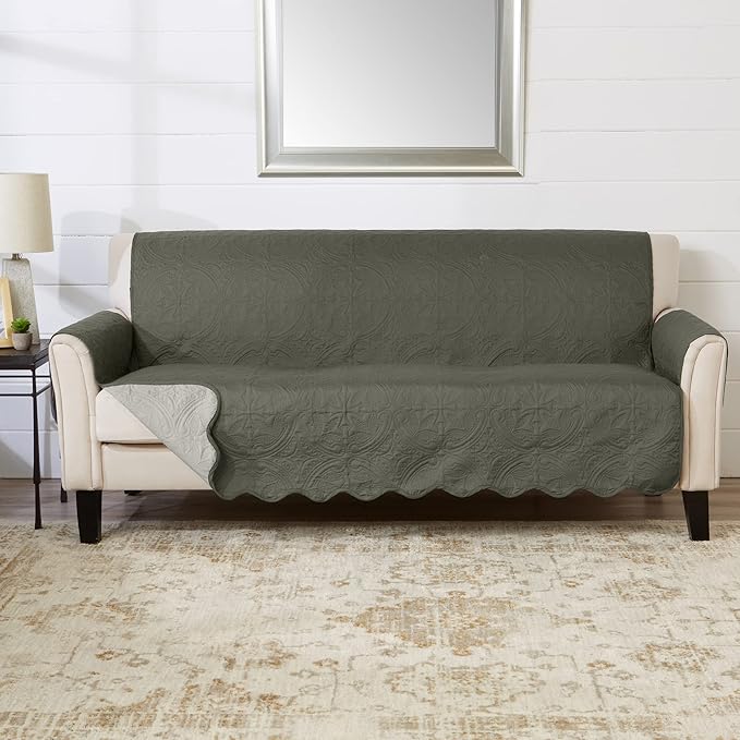 Great Bay Home Reversible Sofa Cover - Washable Slipcover Furniture Protector with Elastic Straps - Perfect for Kids & Pets - Quilted & Stitched Detail (Sage Green/Light Gray)
