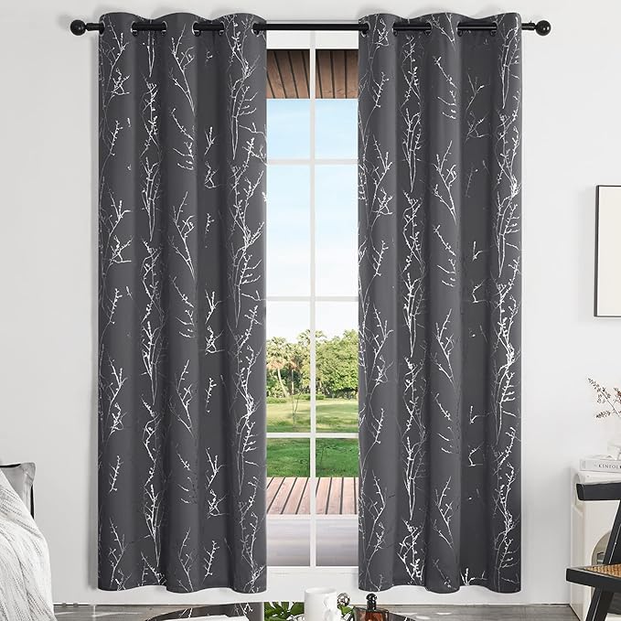 Deconovo Grey Blackout Curtains, Thermal Insulated Soundproof Drapes, Silver Branch Foil Print, 42 x 84 Inch, 2 Panels, Machine‑Washable Privacy Window Panel for Living Room Bedroom Nursery Office