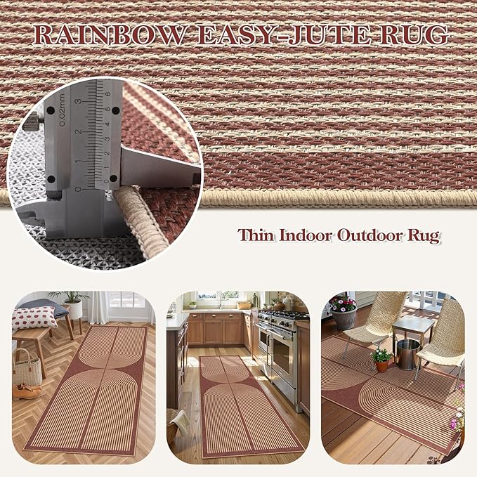 Lahome Enfys Modern Rainbow Easy Jute 2x6 Runner Rug, Red Runners for Hallways Non Slip Washable Kitchen Rugs, Farmhouse Stain Resistant Non Shedding Indoor Outdoor Carpet for Laundry Entryway