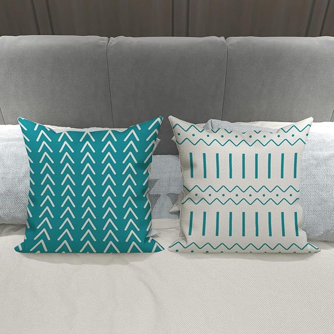 YCOLL Pillow Covers 18x18 Set of 4, Modern Sofa Throw Pillow Cover, Decorative Outdoor Linen Fabric Pillow Case for Couch Bed Car, Aqua Blue