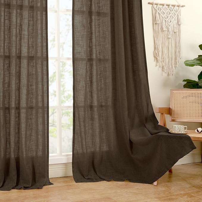 LAMIT Dark Brown Linen Boho Curtains 80 inch Length 2 Panels, Light Filtering Semi Sheer Panels Back Tab and Rod Pocket Neutral Drapes for Bedroom/Living Room, 34 x 80 Inch