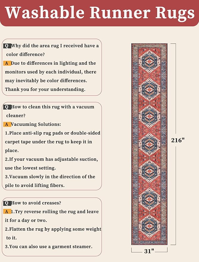 SERISSA Runner Rug for Hallways, 2'6"x18' Washable Non Slip Kitchen Runner Rug, Extra Long Boho Rug Ultra Soft Vintage Rust Print Floor Carpet for Hallway Living Room Dining Room Bedroom