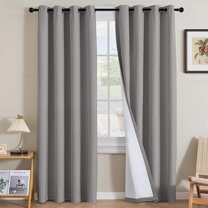 H.VERSAILTEX Linen Curtains 100% Blackout Curtains for Bedroom 96 inch Long Full Light Blocking Nature Linen Blended Window Curtains for Living Room Nickel Grommet (2 Panels, Heathered Dove)