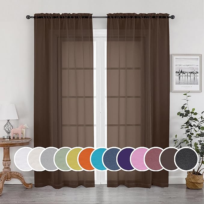 OWENIE Chocolate Sheer Curtains 96 Inch Length, Elegant Sheer Curtains for Bedroom, Window Voile Sheer Curtain Panels/Drapes/Treatment for Living Room, 2Pcs, Each 42" W x 96" L