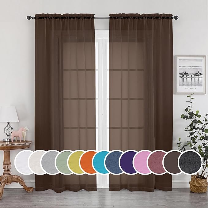 OWENIE Sheer Curtains 63 inch Length 2 Panels Set, Rod Pocket Voile Fimly Sheer Drapes for Living Room/Bedroom, 2pcs, Each 42" W x 63" L, Chocolate