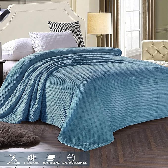 Exclusivo Mezcla Fleece Bed Blanket Twin Size, Super Soft and Warm Blankets for Couch, Sofa and Bed Waffle Textured, Cozy, Fuzzy and Lightweight (Slate Blue, 90x66 Inches)