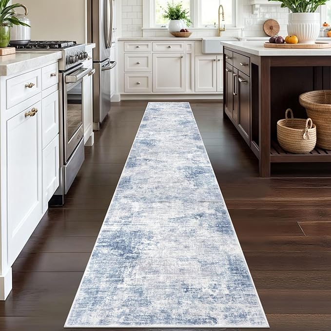 IOHOUZE Abstract Runner Rug 2x12 Ft Washable Runners for Hallways, Non Slip Kitchen Runner Printed Faux Wool Entryway Runner Indoor, Modern Abstract Floor Carpet for Hall Kitchen, Light Blue Grey