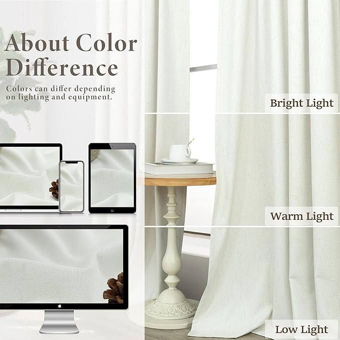 Ivory Blackout Curtains 90 Inches Long 2 Panel Light Blocking Patio Drape for Sliding Glass Doors Rustic Country Curtain for Nursery Bedroom Thick Linen Cotton Textured Off White Back Tab Pocket 52x90