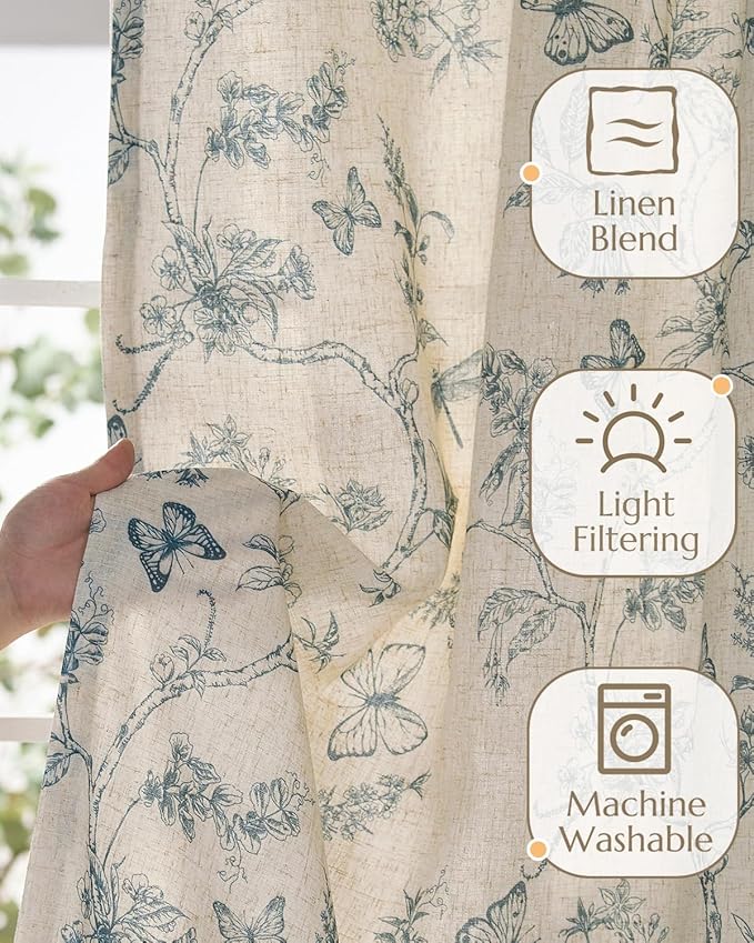 jinchan Floral Linen Curtains for Living Room 84 Inch Length Butterfly Curtain Blue Floral Curtains French Country Farmhouse Curtain Flower Patterned Drapes Window Treatment Set 2 Panels