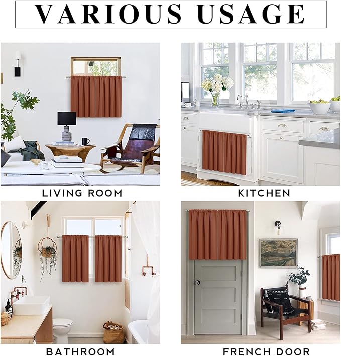 RYB HOME Basement Bathroom Kitchen Cafe Blackout Privacy Curtains, Short Insulating Light UV Heat Blocking Privacy Curtain Tiers for Laundry Room, Width 34 by Length 30, Burnt Orange, 2 Panels
