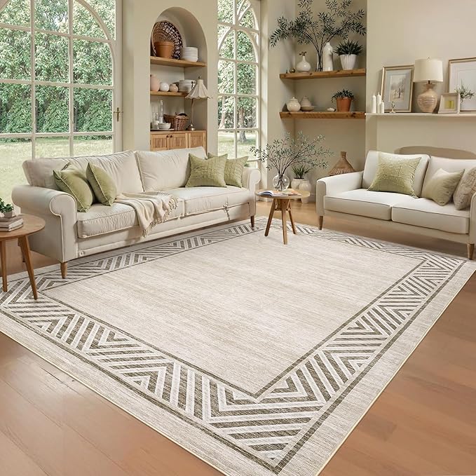 GarveeHome Bordered Bedroom Rugs 5x7 Ultra-Soft Indoor Carpet, Non-Slip Modern Geometric Living Room Rug, Stain-Resistant Neutral Accent Floor Cover for Dining Room, Nursery, Office, Beige