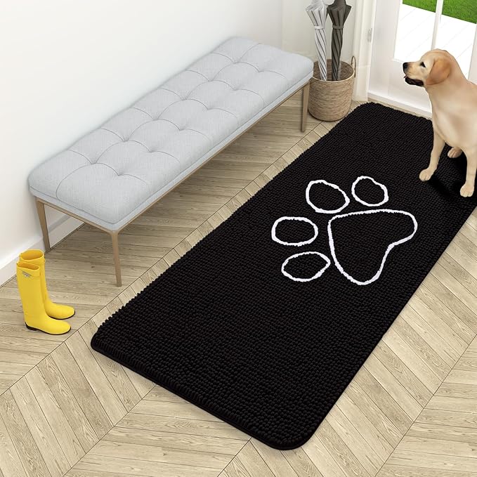 OLANLY Dog Door Mat for Muddy Paws 54x24, Paw Print Design, Absorbs Moisture and Dirt, Absorbent Non-Slip Washable Doormat, Quick Dry Chenille Mud Mat for Dogs, Entry Indoor Entryway Carpet, Black