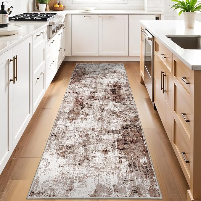 3x10 Washable Runner Rugs for Hallway: Easy-to-Clean Abstract Runners for Entryway Bedroom - Stain and Water Resistant Rugs with Non-Slip Backing - Soft Low-Pile Carpet Brown Khaki White