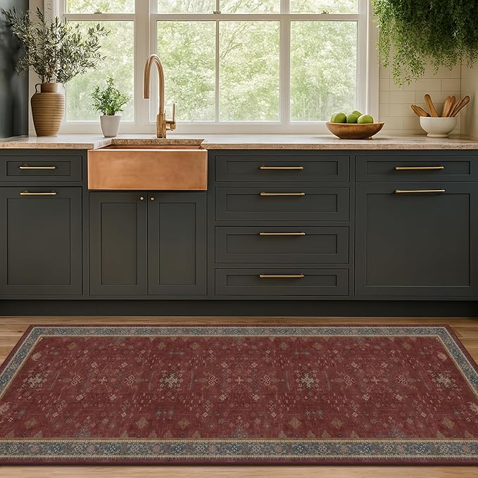 2x6 Turkish Kitchen Runner Rugs Non Skid Washable - Washable Rug for Hallway, Bedroom Bedside, Bathroom, Laundry Room, Hallway, Non Slip with Rubber Backing, Oriental Dark Red Kitchen Accessories