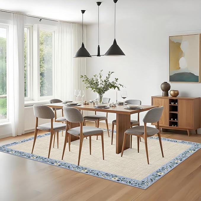GarveeHome 4x6 Area Rugs for Bedroom Living Room Machine Washable Rugs Floral Bordered Small Carpet Non-Slip Stain Resistant Accent Carpet for Dining Room Table Apartment Office, Beige