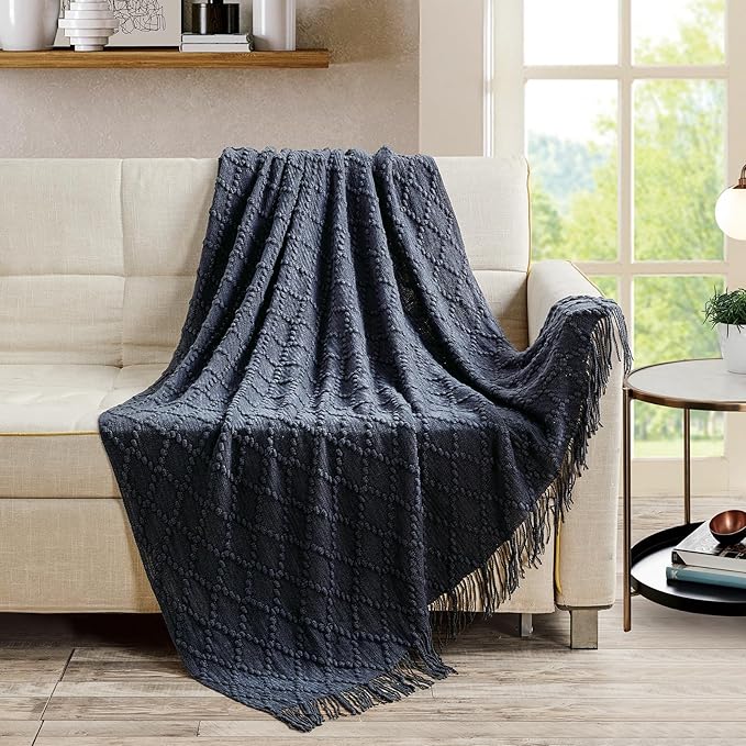 BOURINA Navy Throw Blanket 50 x70 Inches Jacquard Argyle Throw Textured Solid Soft Throws and Blankets for Sofa or Bed Knitted Decorative Blanket