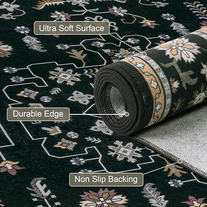 4x6 Area Rugs for Living Room: Washable Rug Soft Vintage Boho Medallion Carpet Indoor Floor Non-Slip Stain Resistant Large Carpets for Bedroom Dining Room Farmhouse Nursery Home Office Black