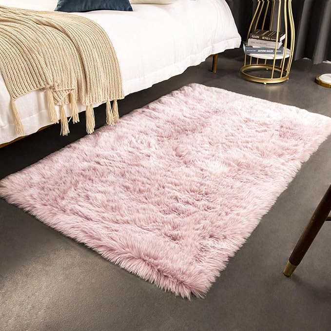 Ashler HOME DECO Soft Fox Faux Fur Chair Couch Cover Area Rug for Bedroom Floor Sofa Living Room Pink White Rectangle 3 x 5 Feet
