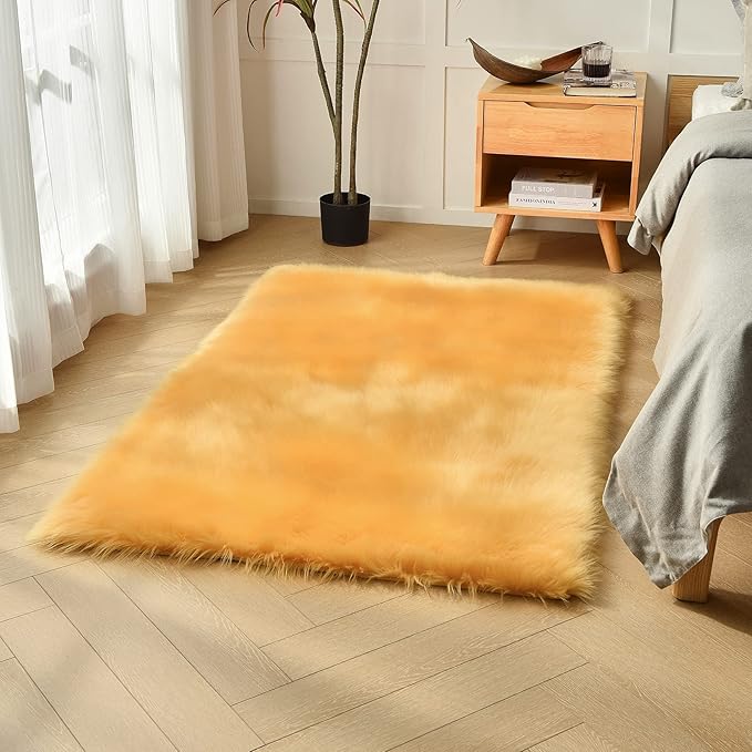 duduta Yellow Faux Sheepskin Fur Rug 3x5 ft, Fluffy Shag Bedroom Dorm Nursery Playroom Carpet Rug Non Slip Washable