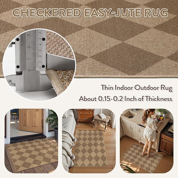 Lahome Colette Checkered Easy Jute Rug, 2x3 Entryway Rug Indoor Outdoor Front Door Mat, Farmhouse Neutral Non Slip Non Shedding Washable Kitchen Mats for Floor Foyer