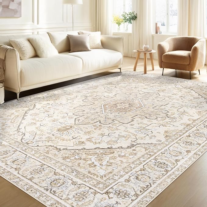 Area Rugs 5x7 Vintage Rug: Washable Living Room Rug Retro Medallion Distressed Large Soft Low Pile Non-Slip Indoor Floor Carpet for Bedroom Kitchen Nursery Dining Table Office (BeigeBrown, 5'x7')