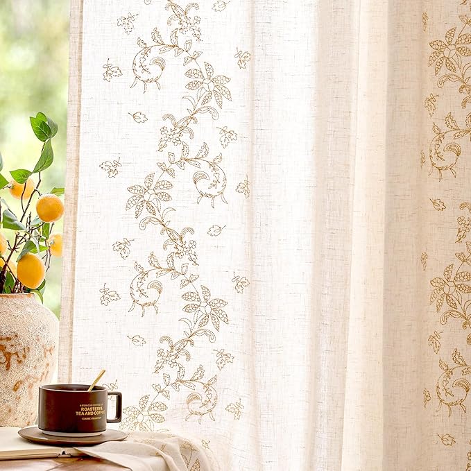jinchan Evelyn Embroidered Linen Curtains for Living Room Farmhouse Floral Curtains for Bedroom Semi Sheer Light Filtering Window Drapes Rod Pocket Back Tab 2 Panels W50 x L96 Beige