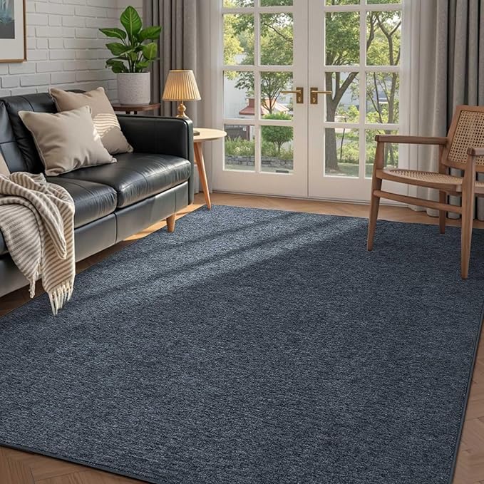 FinRèc 4x6 Washable Area Rugs for Bedroom Living Room, Low Pile Thin Rug Solid Color, Non-Slip Carpet Indoor for Home Decor (Navy Blue)