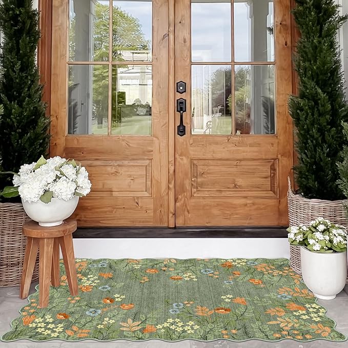 Floral Outdoor Rug - 28" x 43" Front Door Mat Indoor Outside Entrance Non-Slip Washable Outdoor Mat Sage Green Boho Flower Rug for Entryway Kitchen Bedroom Layered Doormat for Front Porch