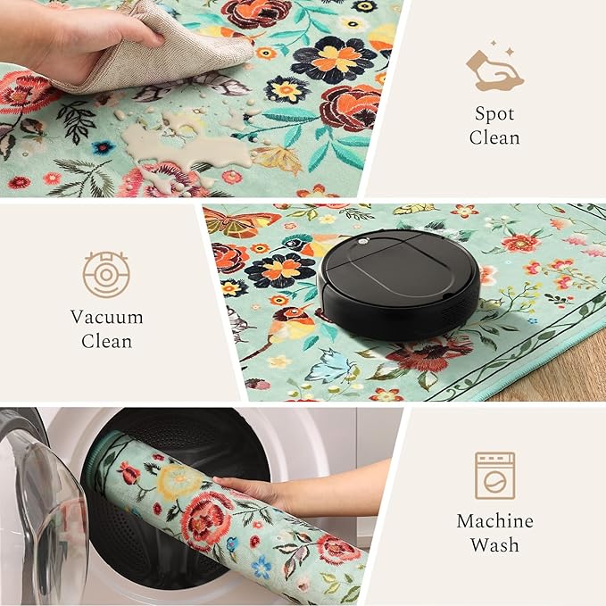Rugflix 5x7 Washable Area Rug for Living Room, Soft Non Slip Low Pile Carpet, Floral Vintage Stain Resistant Rugs for Bedroom, Dining Room, Home Office, Green