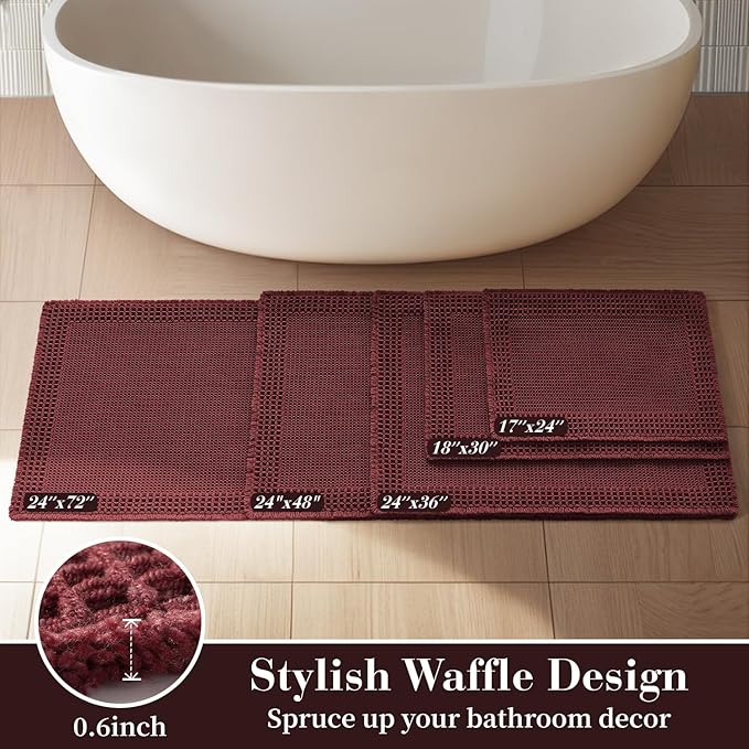 RESARE Waffle Bath Mat for Bathroom, Super Absorbent Bathroom Rugs Non Slip Machine Washable, Ultra Soft Quick Dry Boho Bath Rugs with Tassels for Floor, Upgraded Bordered Design, 17"x24" Dark Red