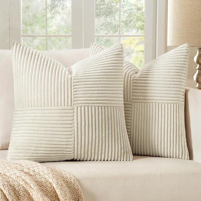 MIULEE Beige Decorative Throw Pillow Covers 22x22 Inch for Couch Bed Sofa Pack of 2 Boho Neutral Farmhouse Throw Pillows Soft Cross Corduroy Patchwork Textured Cushion Cases