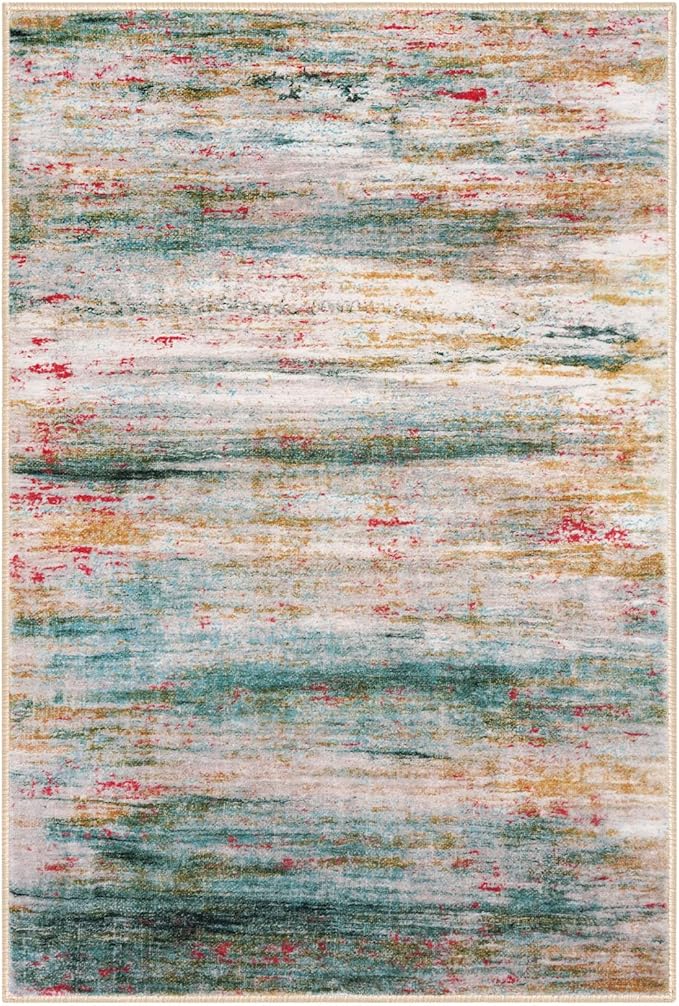 KOZYFLY Modern Abstract Small Area Rugs, 2x3 Washable Kitchen Rug Non-Slip Soft Small Bathroom Rug, Green Striped Entryway Rugs Abstract Print Faux Wool Doormat for Bedside Entrance Bedroom Sink