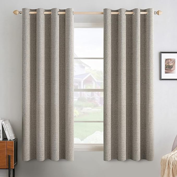 MIULEE Linen Curtains for Bedroom Solid 100% Blackout Thermal Insulated Greige Curtains Grommet Room Darkening Drapes for Living Room Nursery 52x54 Inch (2 Panels)