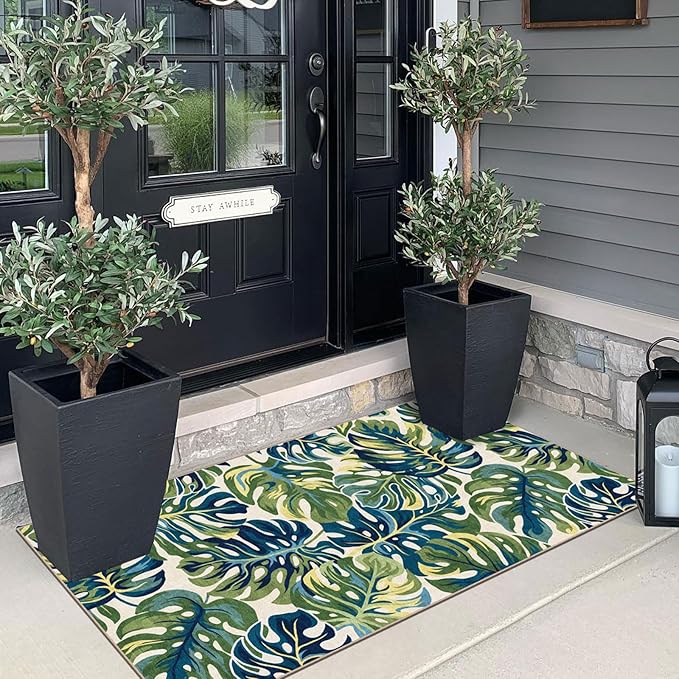 Front Door Mat Indoor Entrance - 2x4.3 Ft Spring Washable Layered Doormat Outdoor Entrance Porch Rug Non-Slip Botanical Green Blue Leaf Runner Rug for Kitchen Bedroom Laundry Room Porch Decor