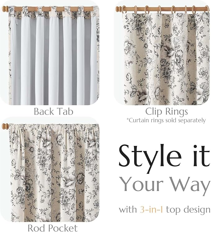jinchan Blackout Floral Curtains for Living Room Bedroom Linen Blend Curtain Farmhouse Black Printed with Lined Back Tab Rod Pocket Drapes Window Treatments 2 Panels 90 Inch