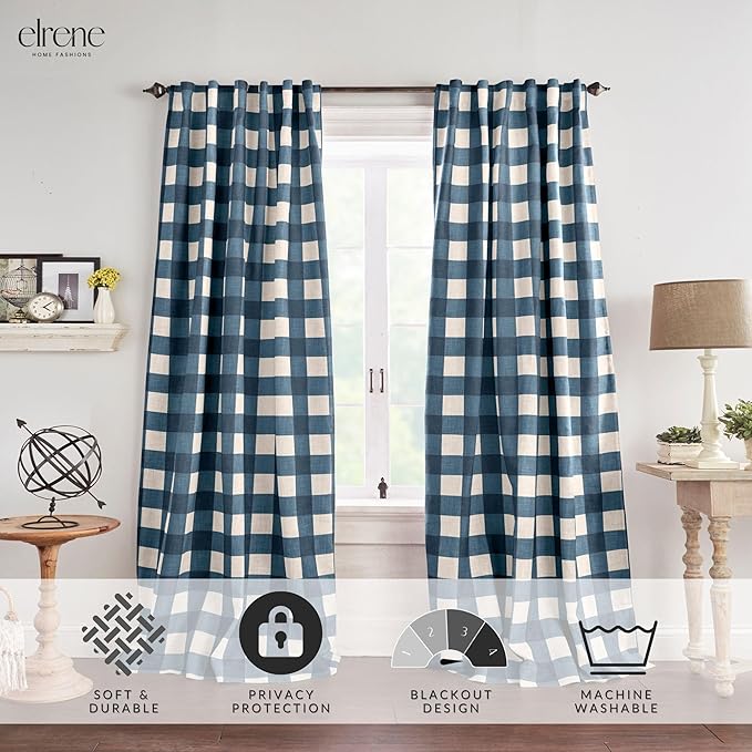 Elrene Home Fashions Farmhouse Living Grainger Buffalo-Check Blackout Window Curtain, Living Room and Bedroom Drape with Rod Pocket Tabs, 52" x 95", Indigo, 1 Panel