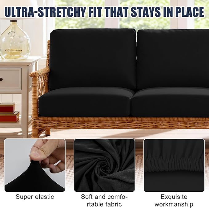 Patio Stretch Cushion Covers, Chair Cushion Covers& Sofa Replacement Slipcovers for Patio Furniture Cushion Covers, Washable Reusable Furniture Protector (4, Black)